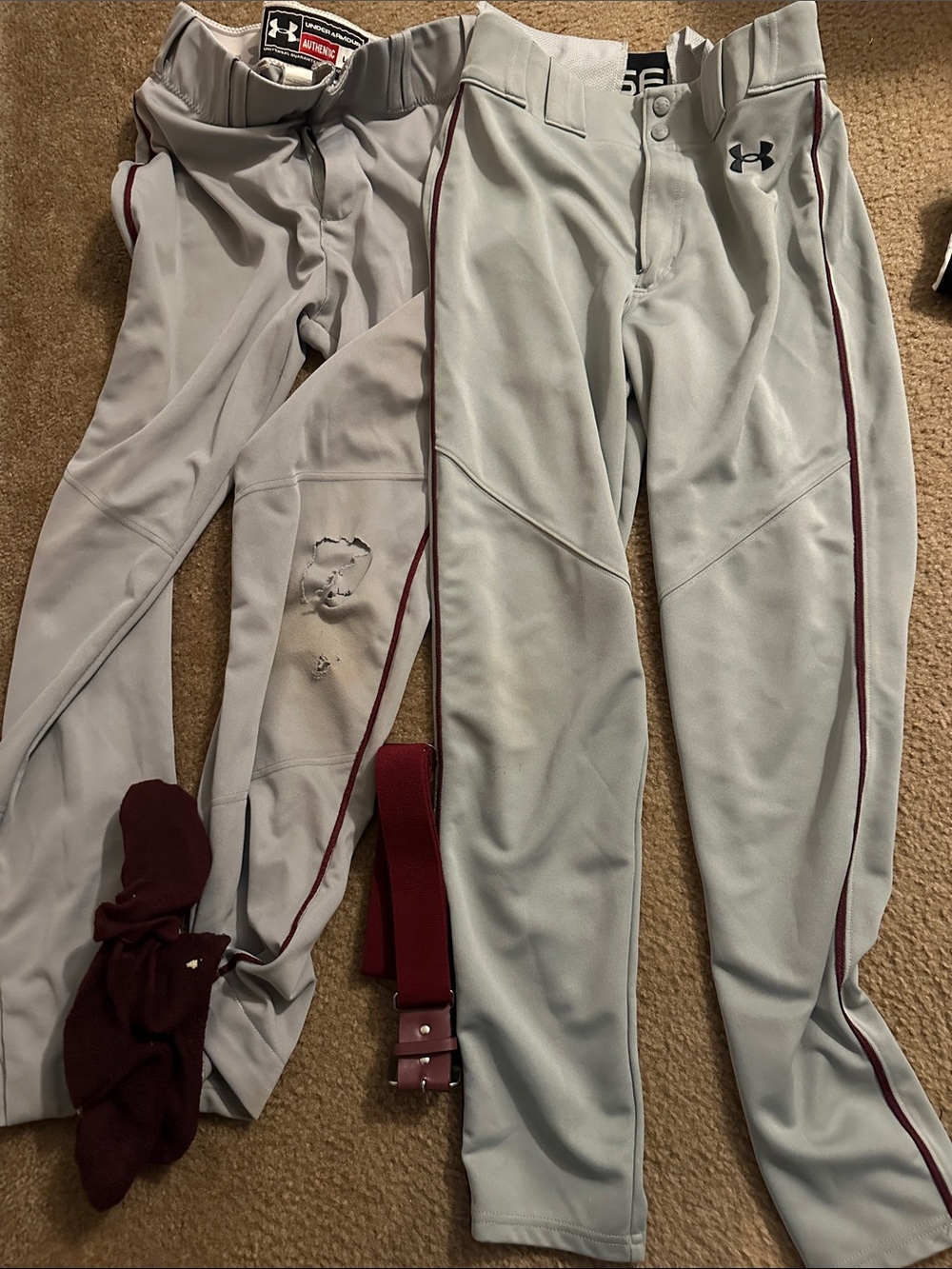 Under Armour , Baseball Pants w Maroon Piping, 1 medium & 1 large bundle